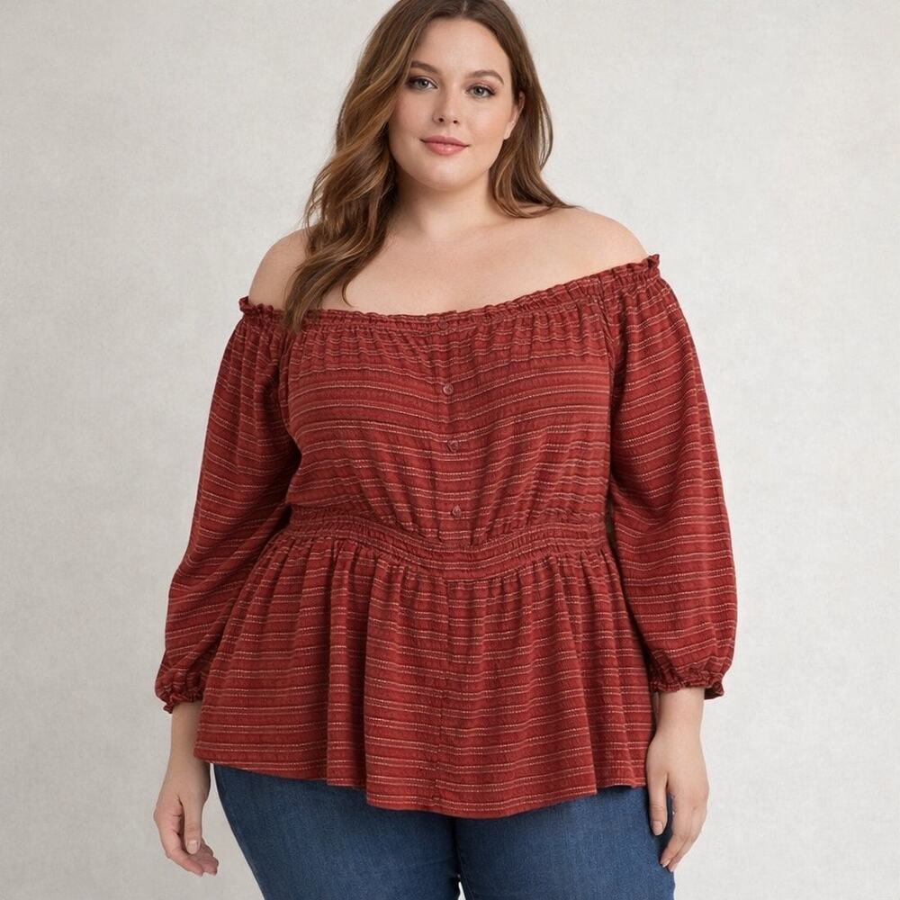 Lane Bryant Blouse Women's 18/20 Striped Peasant Scoop Neck Peplum Top BOHO
